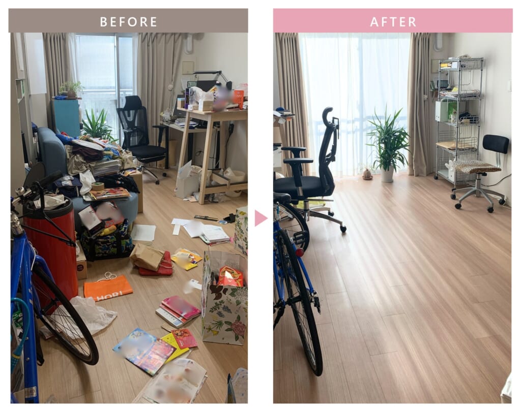 床一面に物が散らかっていたデスクのあるお部屋が、床が広く見えるお部屋になったビフォーアフター